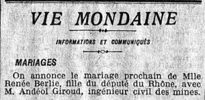 Figure 4 : le mariage Berli�-Giroud, un mariage � dans le monde �, Le Matin, 4 juillet 1912, p. 4.