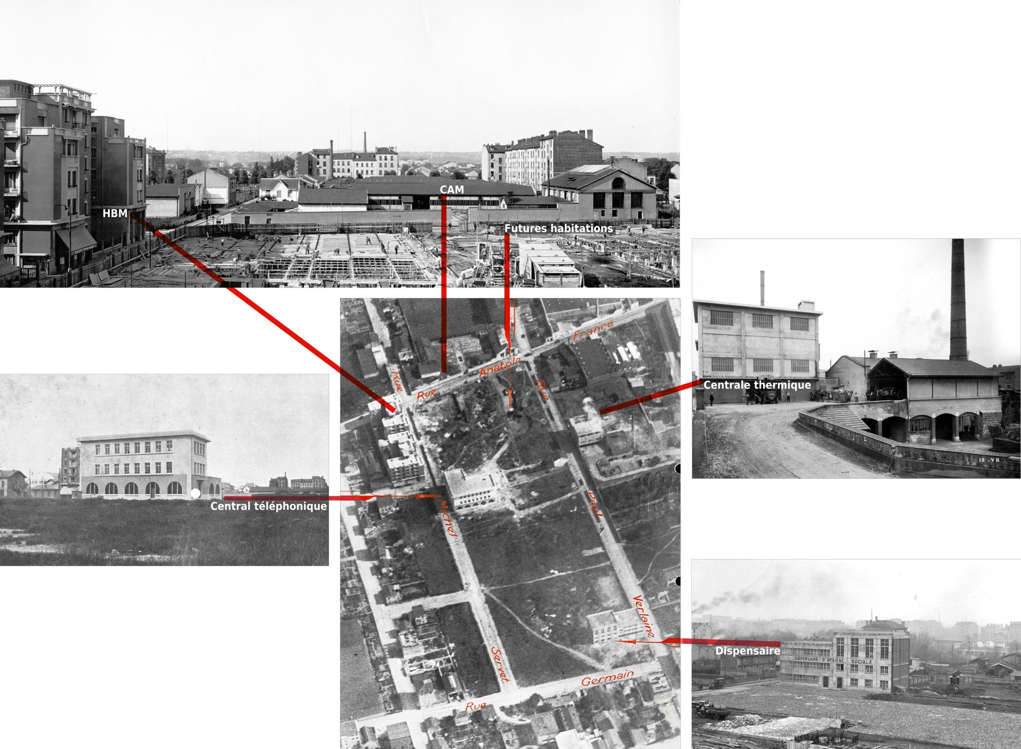 Montage d'archives photographiques autour d'une vue aérienne de l'emplacement du projet avant 1932.