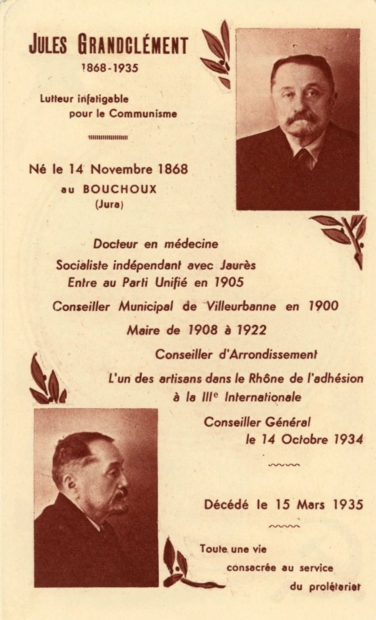 Extrait de la notice nécrologique de Jules Grandclément, 1935.Archives municipales de Villeurbanne / Le Rize, 3 D 8. 1/3
