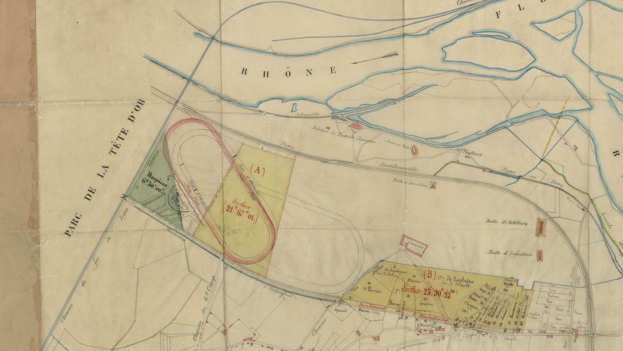 Plan de 1869 montrant le territoire de La Doua après création de l'hippodrome à l'ouest et les terrains militaires à l'est. Archives municipales de Villeurbanne / Le Rize, 6 Fi 8.