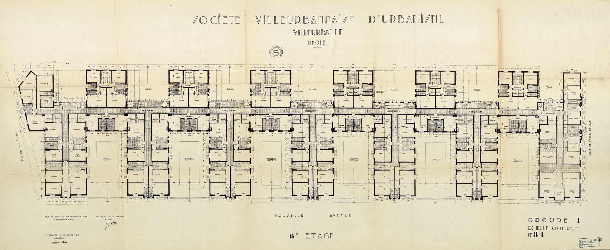 Môrice Leroux, Groupes, plan du 6e étage. Archives municipales de Villeurbanne / Le Rize, 6 Fi 690.