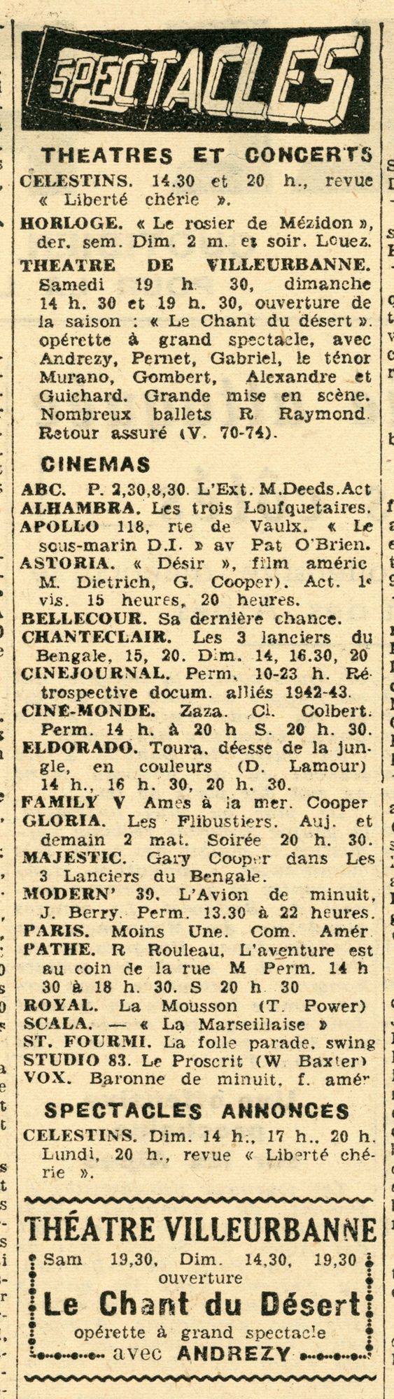 Article d'annonce des spectacles dans Lyon et ses alentours. Le Patriote, 1er octobre 1944.