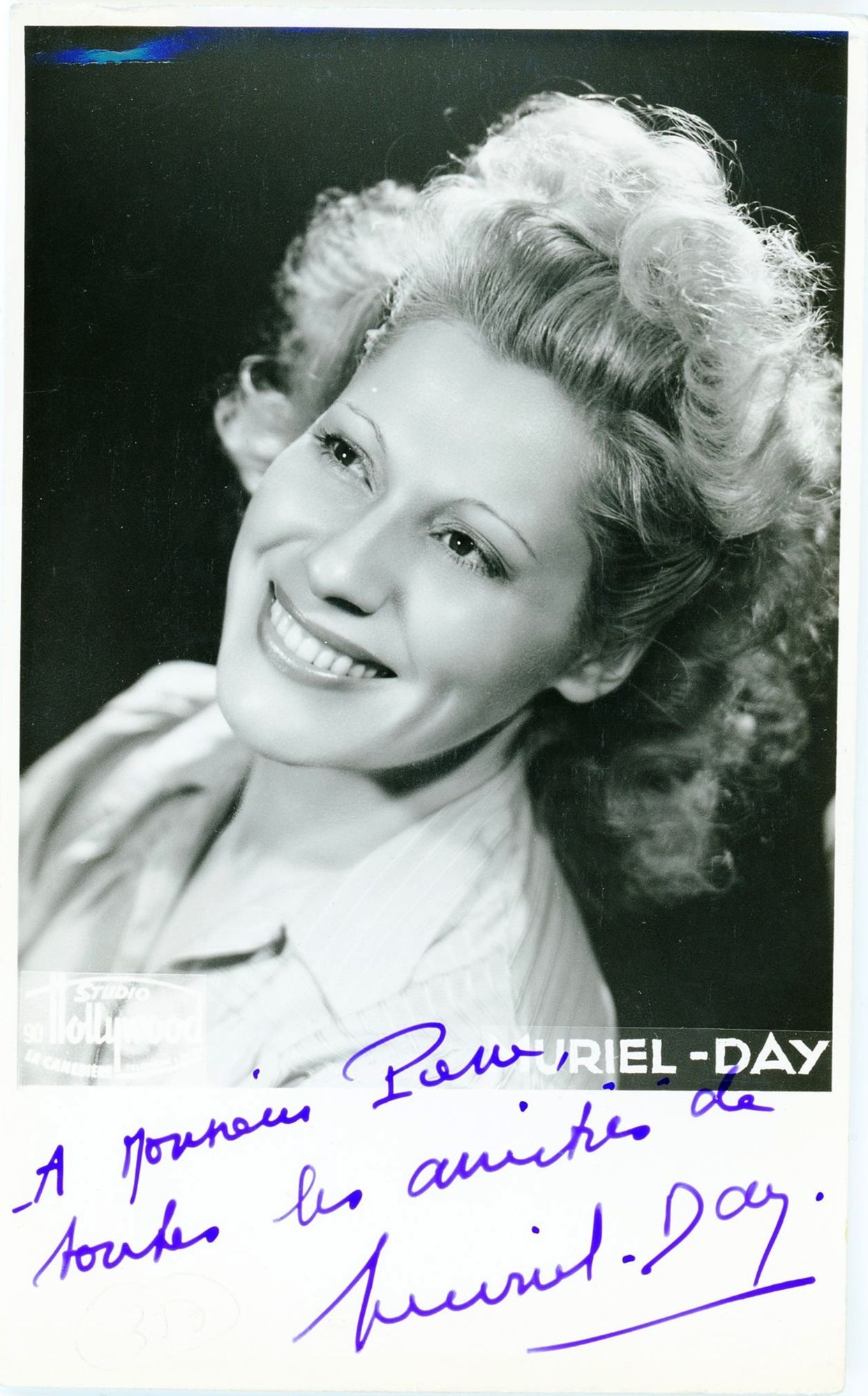 Autographe de Muriel DAY à M. PIERRE sur un portrait de Studio Hollywood