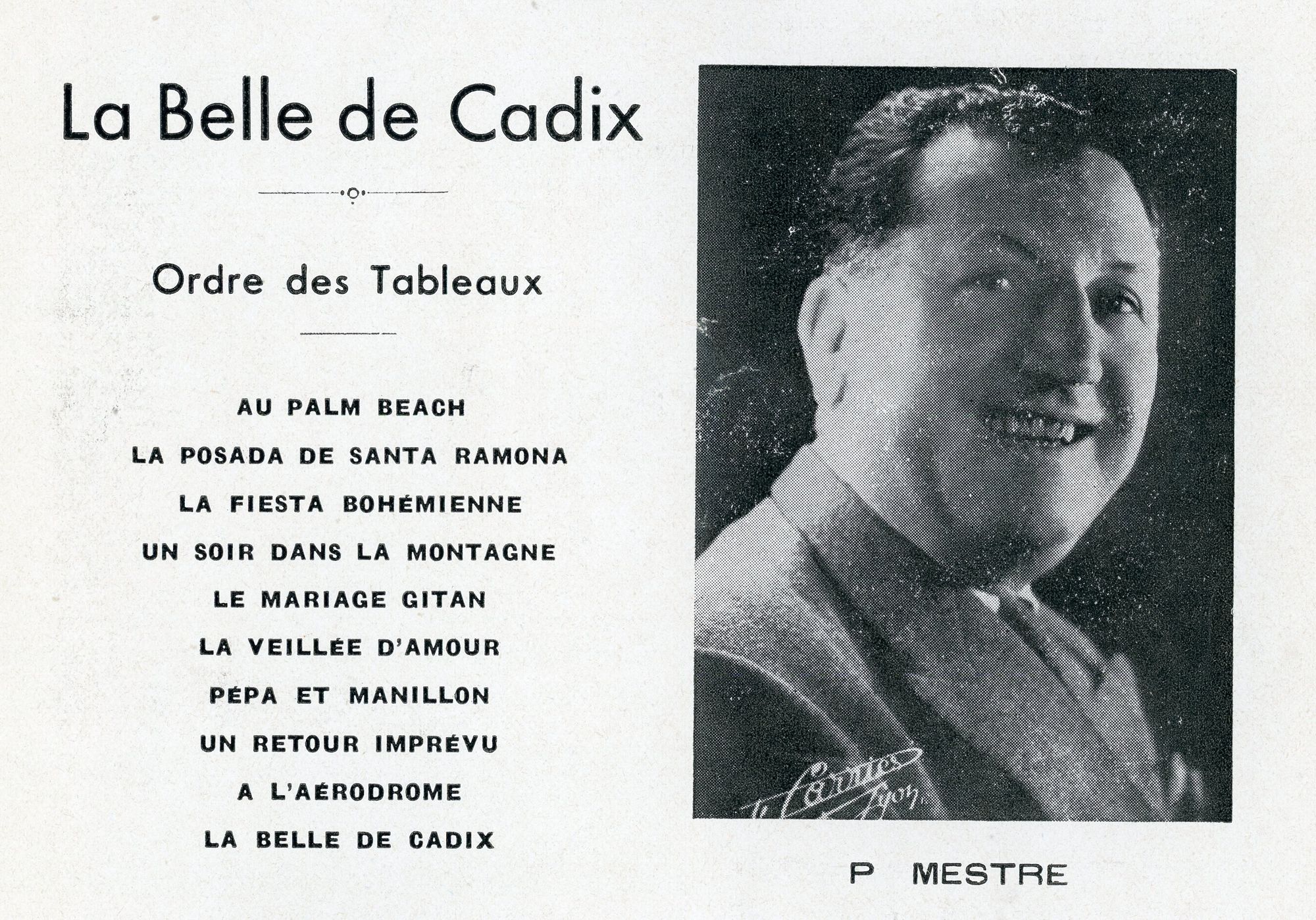 Programme : portrait de P. MESTRE avec l'ordre des tableaux 